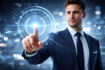 Technology innovation business digital interaction confident professional in suit touching glowing holographic interface to visualize data and lead digital strategy