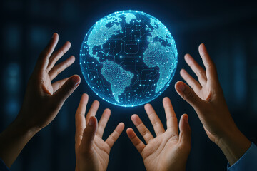 Technology digital connectivity global network hand to reach a glowing globe connected node and circuit hopeful and collaborative