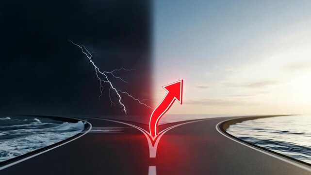 Road to Success Concept Visualized with Two Paths and Dramatic Weather Transition