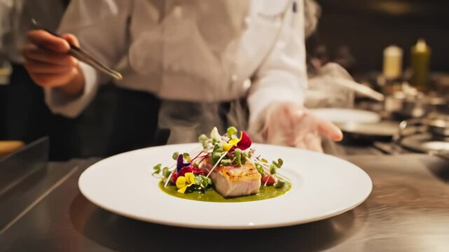 Chef plating gourmet dish in kitchen