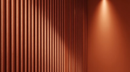 Warm vertical wood slat interior wall with spotlight and soft shadow play