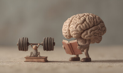 Human brain lifting weight and reading a book. Private lessons and knowledge concept .