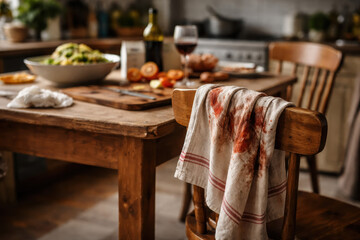 Towel stain kitchen wooden chair table A stained kitchen towel draped over a wooden chair in a lived-in cluttered kitchen evoking domestic mess and warm reality |