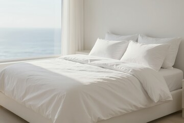 Serene minimalist white bed with ocean view and soft natural light