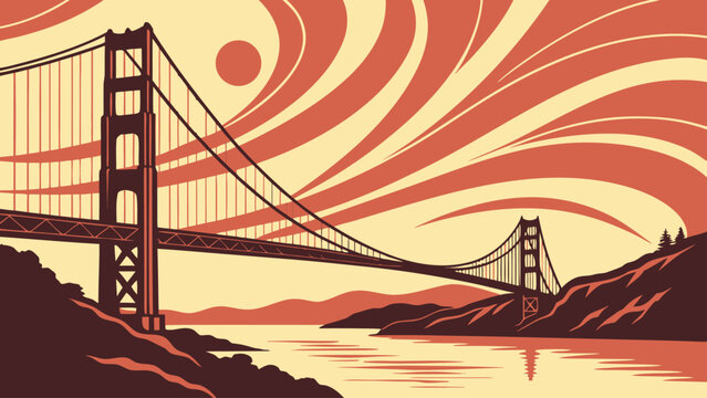 Golden Gate Bridge San Francisco art illustration. Iconic California landmark with stylized sunset sky and sun over the bay, retro travel poster graphic.