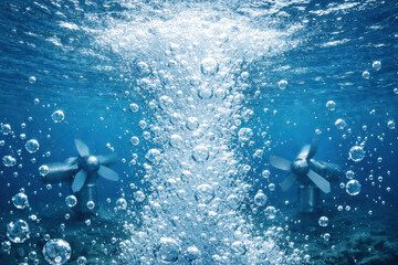 Underwater bubble turbine propeller sea ocean A dramatic underwater scene with rising bubble column around two tidal turbine rotors to generate renewable power in a blue marine