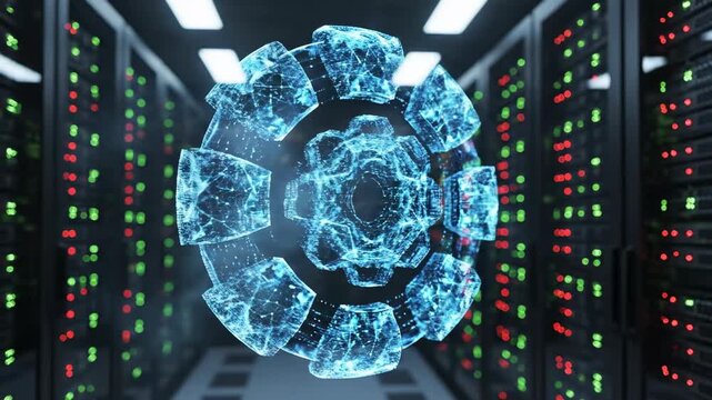 Cybernetic Core: A luminous, high-tech core floats within a futuristic server room, symbolizing the central hub of digital innovation and connectivity.