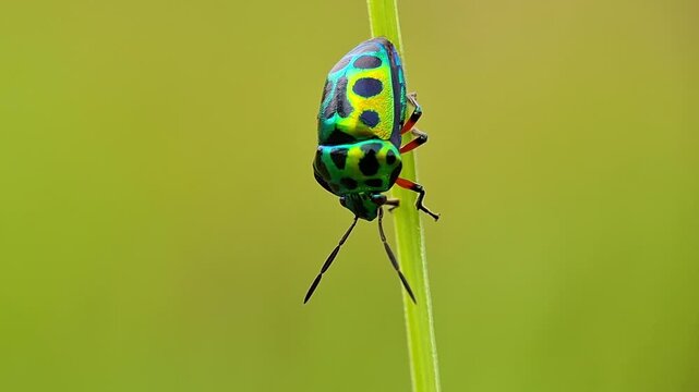 Green Black Jewel Bug perched on the weeds, Chrysocoris pulchellus and Imperata cylindrica