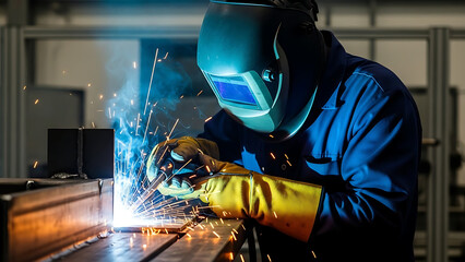 Welding Action, Technician, Workshop, Photo, Industrial Environment, Close-Up View, Craftsmanship Skills