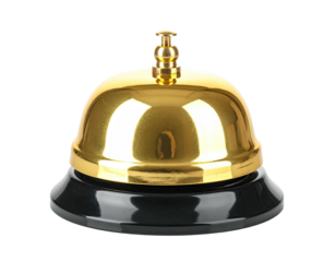 A gleaming brass bell, atop a glossy black base, set against a transparent background