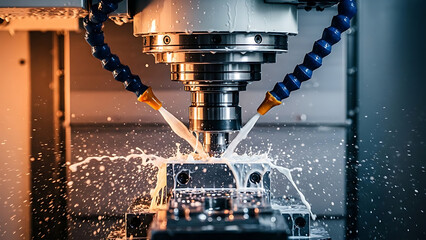 High-Speed CNC Machining Process, Industrial Equipment, Workshop, Photography, Dynamic Environment, Close-Up, Precision Engineering