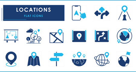 A set of flat icons related to Location. Map, navigation, paper, mobile, destination, park, plan, and so on.