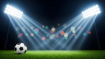 Cinematic shot of a soccer ball on the field with intense floodlights creating a dramatic sports atmosphere.