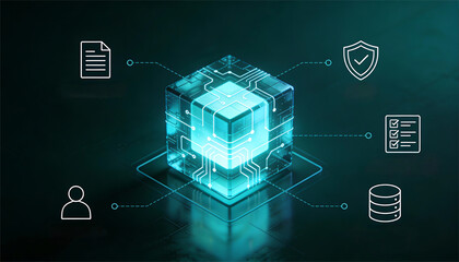 Futuristic 3d digital cube with glowing circuit lines and data icons for cloud computing server storage network security and artificial intelligence technology concept