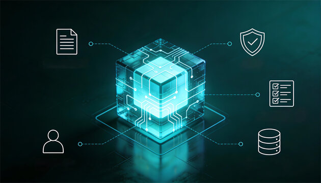 Futuristic 3d digital cube with glowing circuit lines and data icons for cloud computing server storage network security and artificial intelligence technology concept - Powered by Adobe