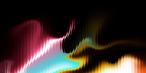 Glossy minimalist fluid 3D render with vibrant rainbow gradient light bars on a black background. Iridescent glass glow, vertical neon streaks, smooth transitions, and a futuristic metallic look.