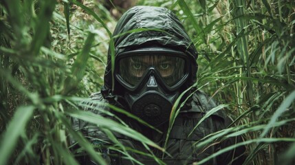 Medium shot of a technician safely neutralizing explosives in a lush green field demonstrating innovative biodegradable disposal techniques.