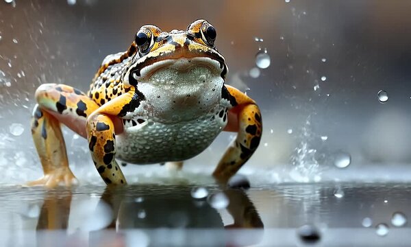 Close-up slow-motion video of a spotted frog jumping over water with splashes and flying droplets.