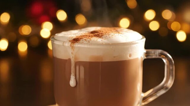 Warm and frothy cocoa in a clear mug, topped with whipped cream and cinnamon, perfect for a cozy winter evening