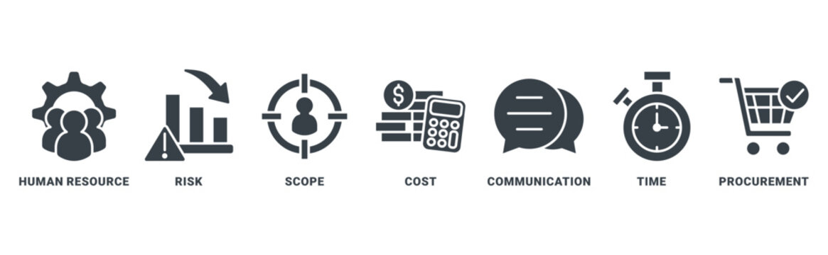 Project management icon set vector concept with icon of human resources, risk, scope, cost, communication, time, procurement
