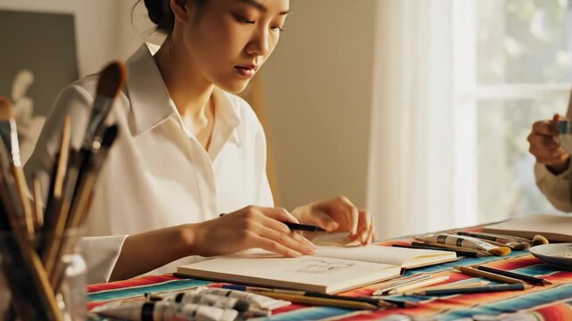 Young Asian Woman Drawing in Sketchbook with Pen at Home.