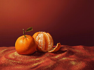 Chinese Mandarin Orange on top of red sand mixed with gold dust. 
