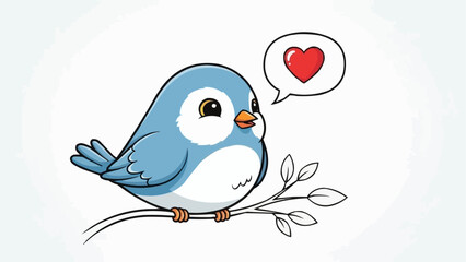 Cute blue bird sitting on a branch with a heart symbol. © aren