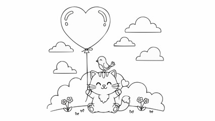 Cute cartoon cat holding a heart balloon with a bird on its head.
