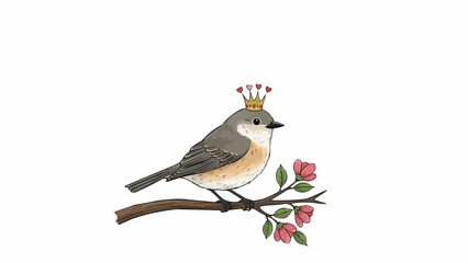 A small bird wearing a golden crown sits on a branch with pink flowers. © aren