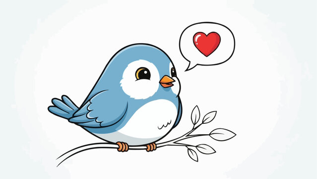 Cute blue bird sitting on a branch with a heart symbol.