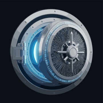 An open futuristic vault door with glowing blue light and digital circuit patterns on its surface.