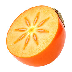 Halved Persimmon Fruit with Star-Shaped Flesh Isolated on White Background