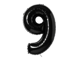 A shiny black balloon in the shape of the number nine, isolated on a black background