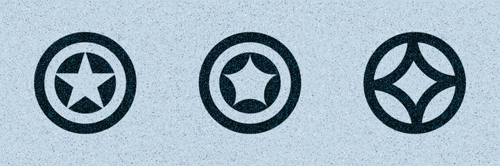 Abstract circular geometric star symbols set on gray halftone background.