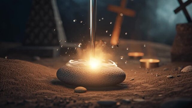 3D animation single drop flowing Crown of Thorns, descending Calvary Hill, landing Stone Anointing, transforming divine light empty tomb surrealism, cinematic lighting, soft particle effects, 4k