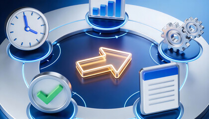 Futuristic 3d business management concept with glowing orange arrow and circular icons for time tracking process settings checklist and financial growth data analysis on blue platform