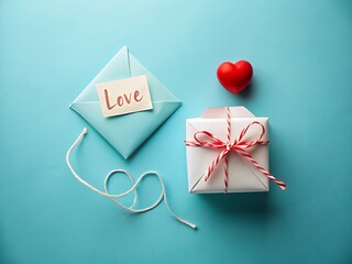 Love Letters and Gift Box on Blue Background