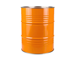 A vibrant orange metal barrel, cylindrical with horizontal bands, stands out against a stark black background