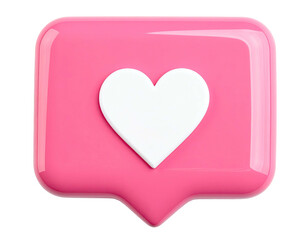 Glossy, pink speech bubble with a white heart, floating against a black background