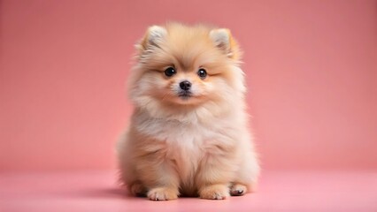 Cute Pomeranian Puppy Sitting on Pink Background