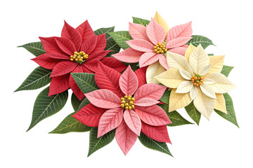 Multicolor Poinsettia Flowers with Green Leaves Isolated on White Background