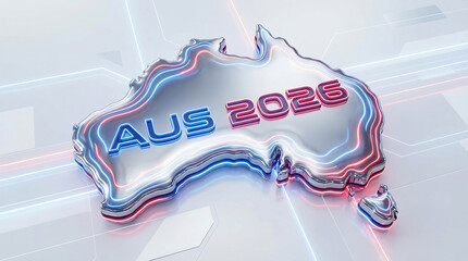 Shiny liquid metal map of australia with aus 2026 text, glowing neon effect, futuristic design, 3d render, metallic sheen, reflective surface