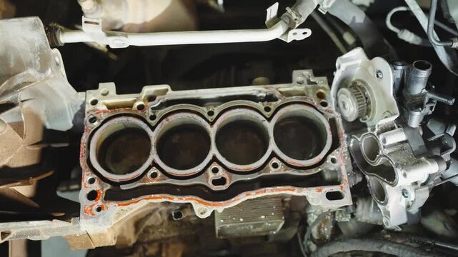 Movement of pistons in internal combustion engine. Demonstration of principle of engine operation. Four-stroke inline car engine. Repair of cylinder block with pistons in car service center.