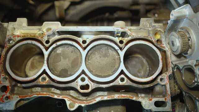Piston movement in an internal combustion engine. Engine operating principle. Four-stroke inline car engine. Top view. Cylinder block and piston repair at a car service center.