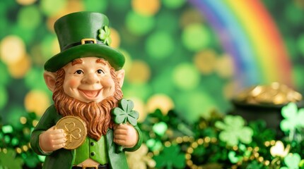 Festive leprechaun celebrating st. Patrick's day in a colorful green environment with rainbows and glittering coins for a joyful holiday scene