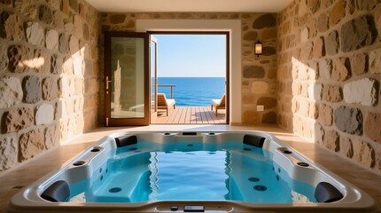 Seaside stone villa spa room with sunlit hot tub opening to panoramic ocean deck