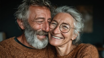Older couple sharing a joyful moment indoors with smiles and warmth while enjoying time together