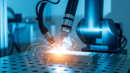 Robotic Welding Process, Manufacturing Facility, Video Content, High-Tech Environment, Close-Up View, Automation Concept
