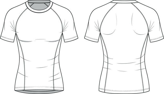 White Short Sleeve Compression Rash Guard Technical Mockup Front and Back View Vector Illustration for Sportswear Design and Apparel Template
