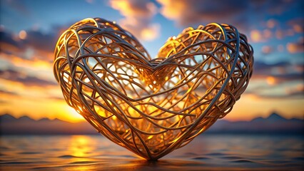 Heartshaped wicker sculpture at sunset